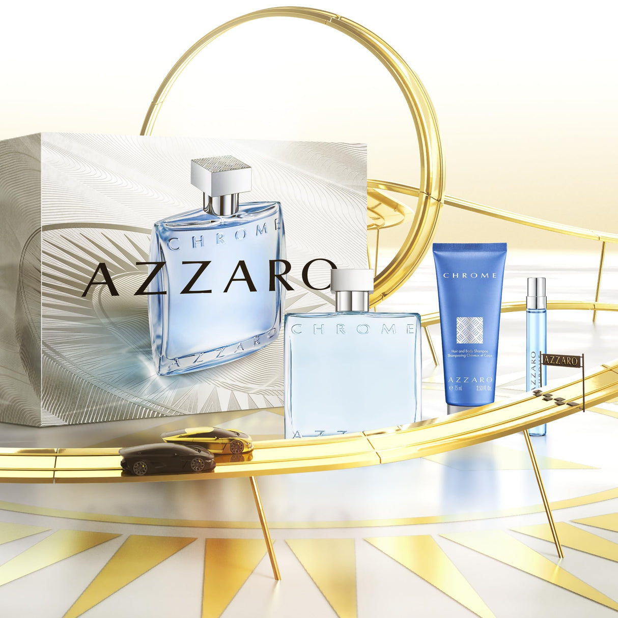 Azzaro Chrome Eau de Toilette - Fresh Aquatic Mens Cologne Gift Set - 3-Piece Holiday Set Includes Full + Travel Fragrance (100ml + 10ml) and Hair + Body Shampoo (75ml) - Gifts for Men