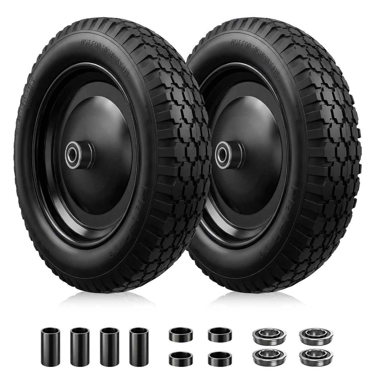 2-PCS 4.80/4.00-8 Tire, 14.5" Flat Free Wheelbarrow Tire and Wheel - Solid Replacement Tires with 3"-7" Adjustable Centered Hub, 5/8" & 3/4" Bearings | Fit 4.80/4.00-8, 4.00-8, 4.00-6, 3.50/3.00-8