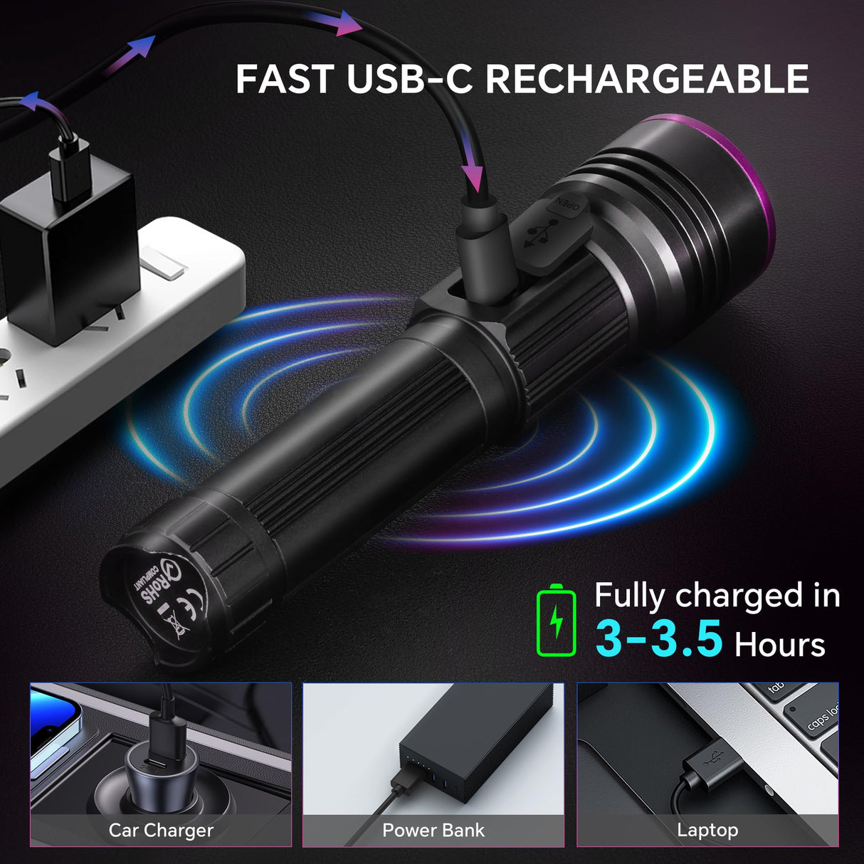 Dokhbem 365nm UV Flashlight Rechargeable, Black Light Flashlight with LCD Display, Powerful Ultraviolet Lights for Pet Urine Detection, Resin Curing, Rockhounding, Scorpion, Uranium Glass, A/C Leak
