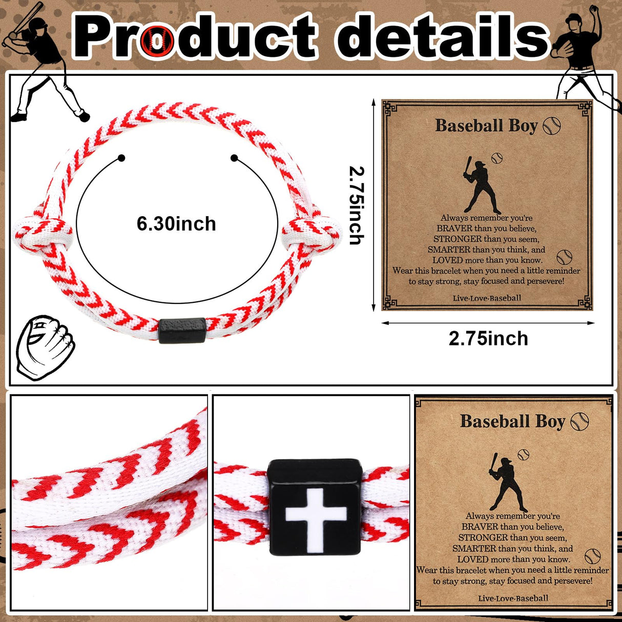 Tondiamo 12 Set Football Basketball Softball Baseball Volleyball Team Gifts Braided Christian Cross Bracelet for Men Women(Baseball)