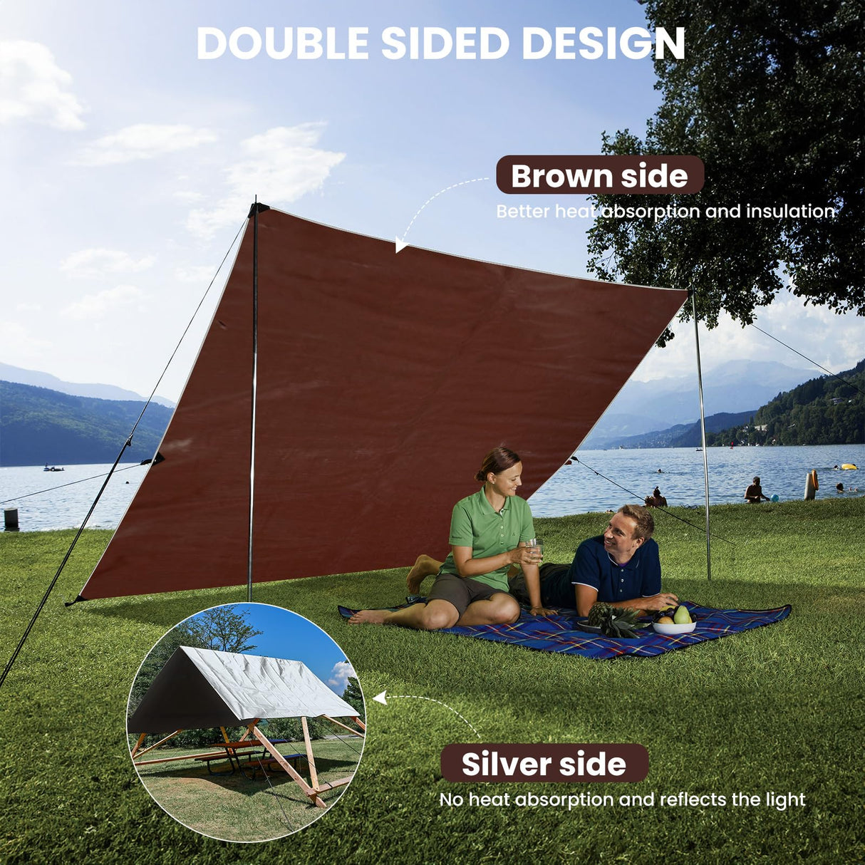 Sunvigor Tarp Waterproof 8x10Ft, Heavy Duty Tarp Cover Extra Thick 14 Mil Tear and UV Resistant, Outdoor Tarps with Grommets and Reinforced Edges for Roof, Camping, Patio, Pool, Boat (Silver/Brown)