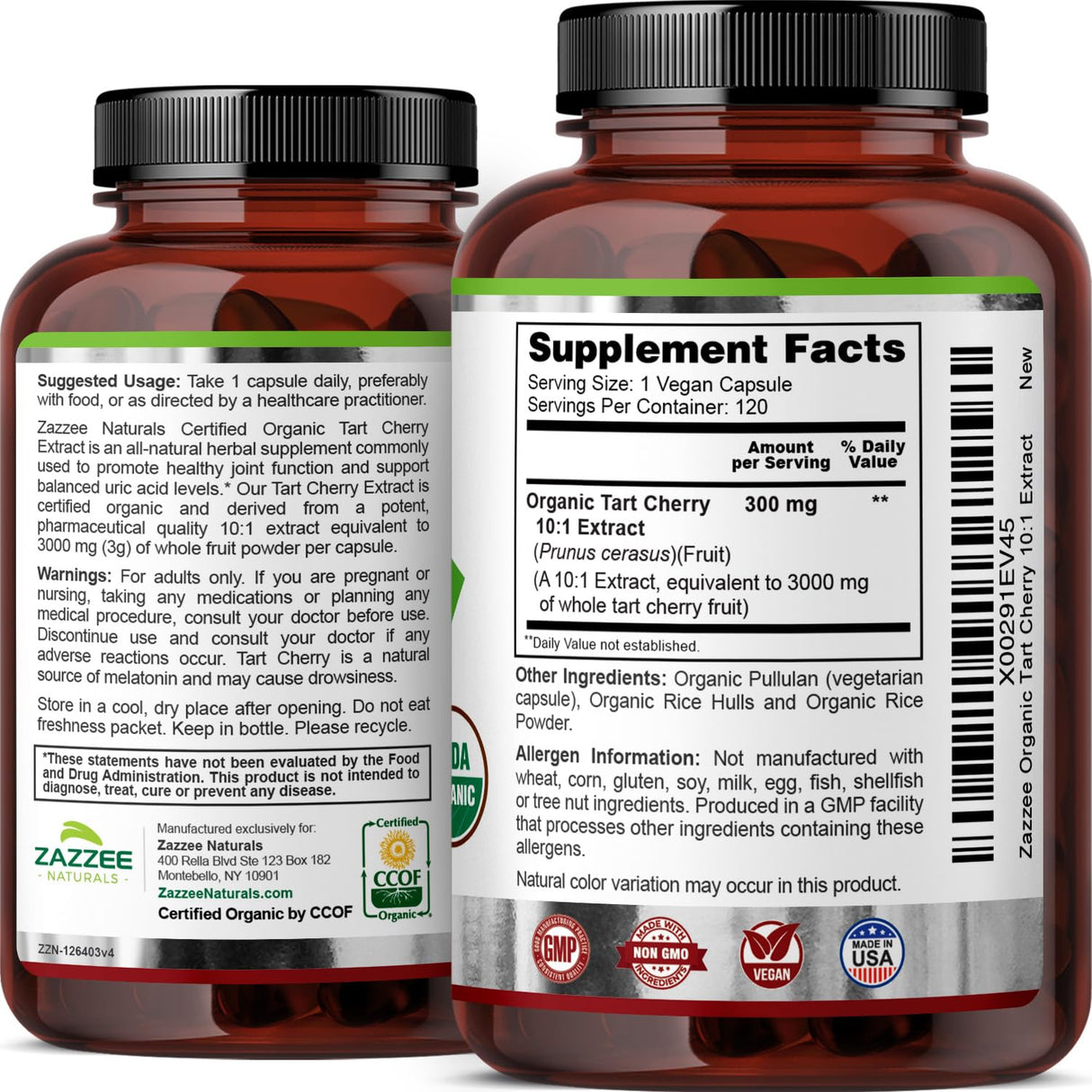 Zazzee USDA Organic Tart Cherry 10:1 Extract, 3000 mg Strength, 120 Vegan Capsules, 4 Month Supply, Standardized, Concentrated 10X Extract, 100% Vegetarian, Certified Organic, All-Natural and Non-GMO