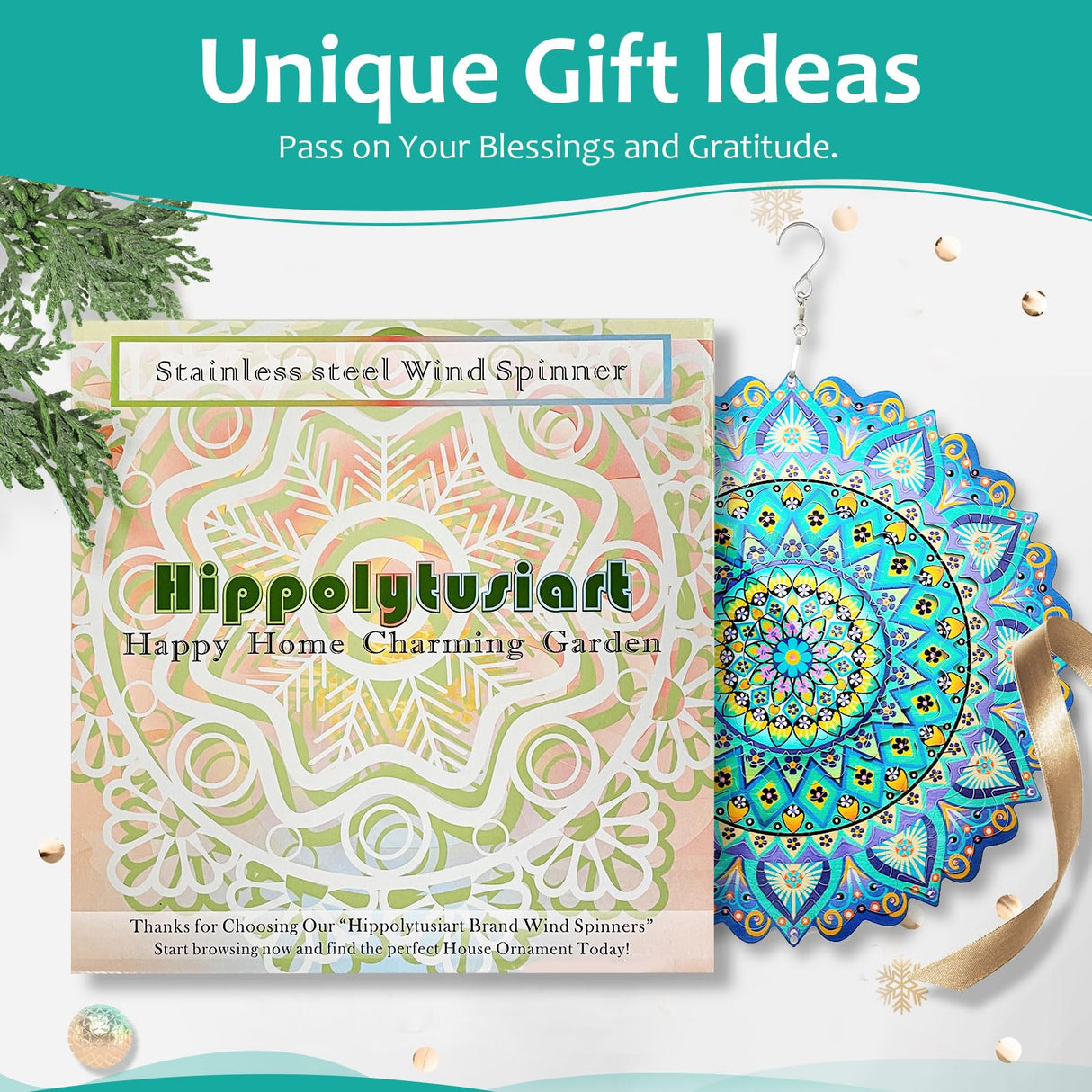 Hippolytusiart Wind Spinner Mandala Peacock Blue Ocean,12Inch Stainless Steel Wind Spinners Outdoor,Gifts for Women,Mother,Men,Father,Holidays,3D Kinetic Yard Art Decorations,Christmas Garden Decor
