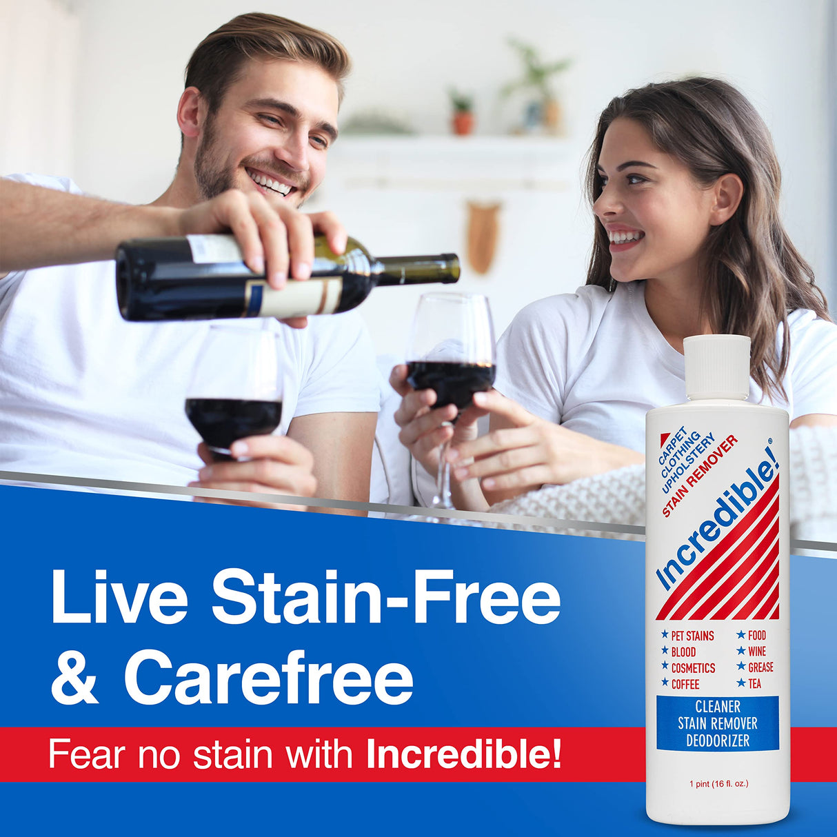 INCREDIBLE! Stain Remover - Commercial Pack Quantity, Professional Stain Cleaner For Carpets, Fabric, Linen, Laundry, Mattress, Car Upholstery – Pet Stains, Urine, Blood, Red Wine, 16.oz, Pack of 6