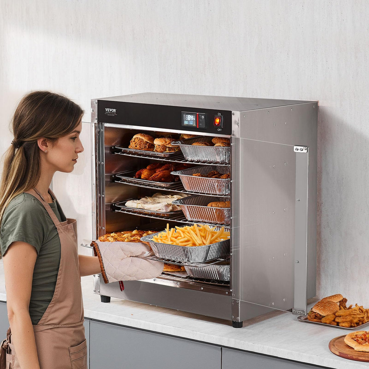 VEVOR Hot Box Food Warmer, 5-Tier Concession Warmer with Water Tray, 5 Pans, Double-Door and Adjustable Shelves, Stainless Steel Food Warmer Cabinet, Ideal for Storing Pizza, Chicken, Restaurant