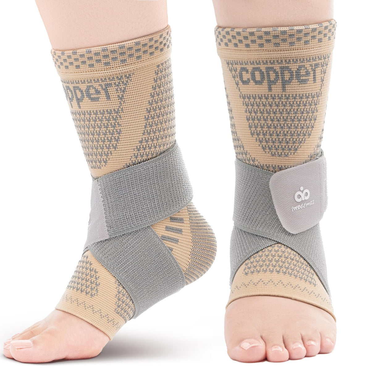 INDEEMAX Ankle Brace for Sprained Ankle Compression Sleeve, 2 Pack Copper Infused Ankle Support Brace for Women & Men, Plantar Fasciitis Relief Achilles Tendonitis, Sports Running, Skin Silver, L
