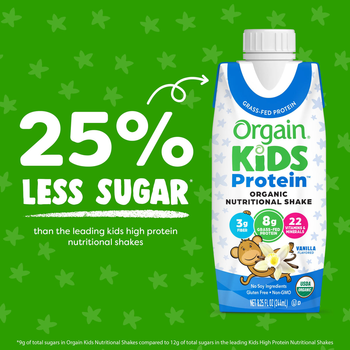 Orgain Organic Kids Protein Nutritional Shake, Vanilla - 8g of Protein, 22 Vitamins & Minerals, Fruits & Vegetables, Gluten Free, Soy Free, Non-GMO, 8.25 Oz, 12 Ct (Packaging May Vary)
