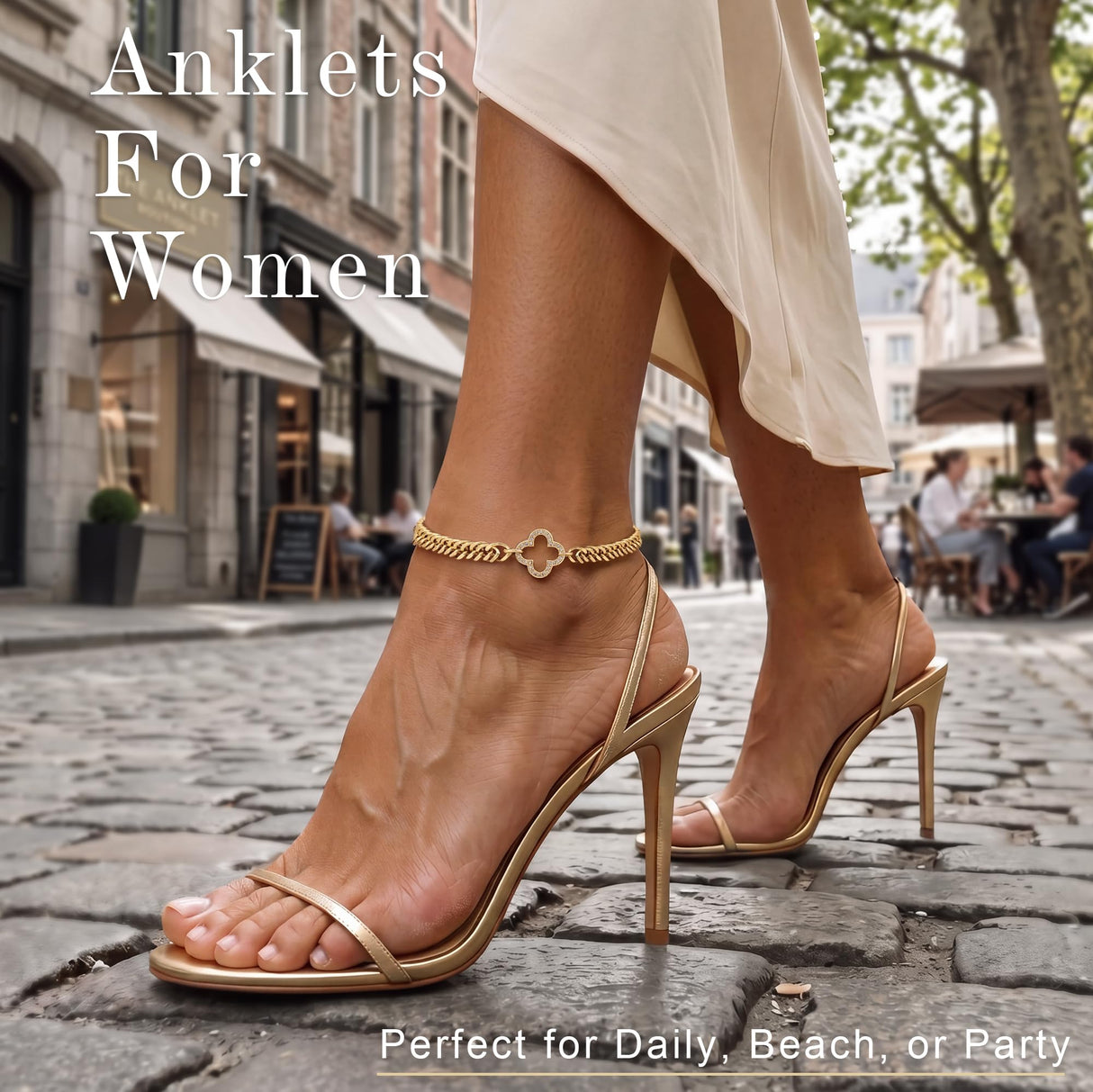 Moodear Gold Ankle Bracelets for Women Waterproof - Trendy 14K Gold Plated Anklets for Women Chunky Cuban Link with CZ Clover Charm Anklet Bracelet Non Tarnish Summer Beach Jewelry Gifts