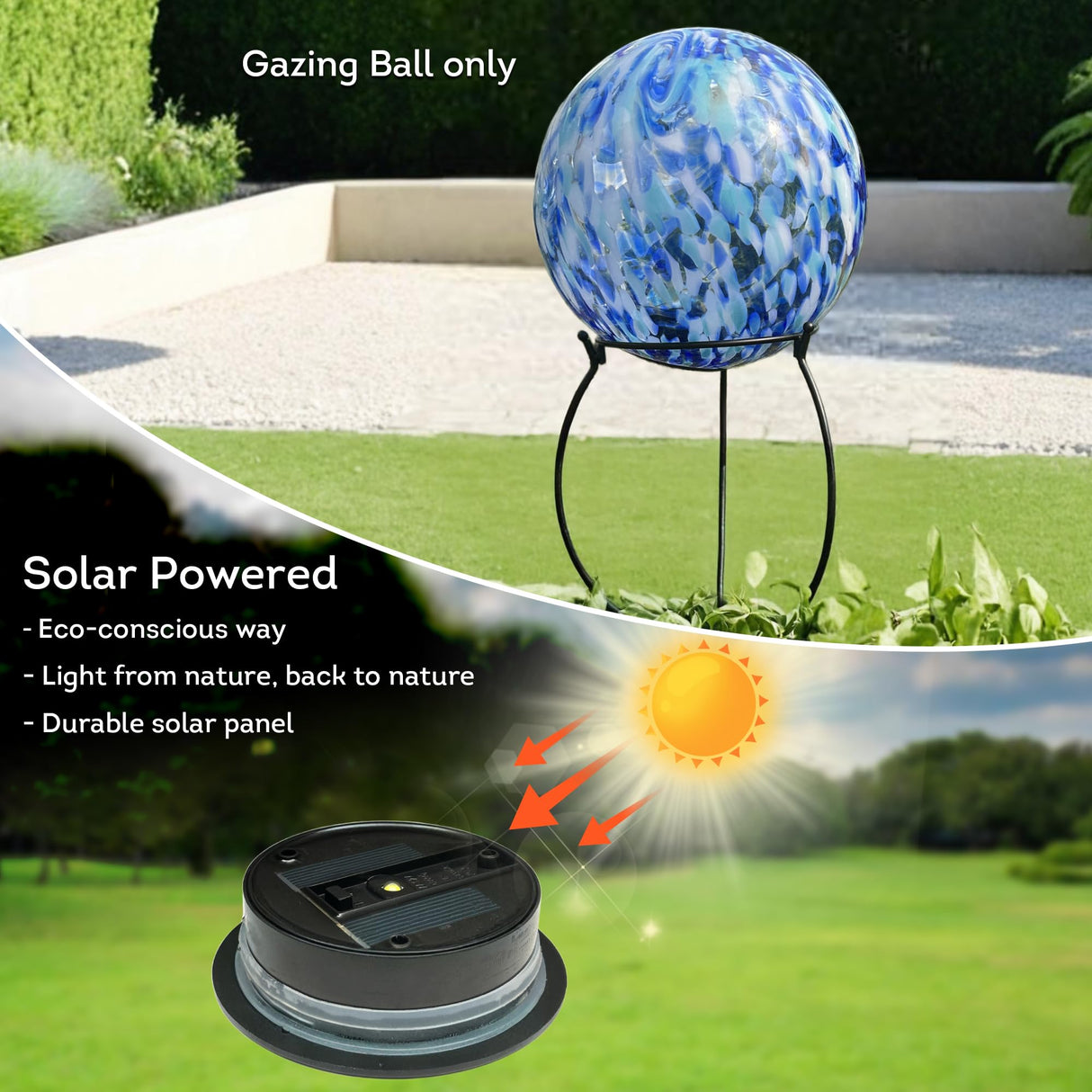 Lily's Home Gazing Ball - 10" Glass Globe with Solar Powered Lights - Outdoor Solar Lights for Yard & Patio - Garden Decor - Automatic On/Off Photosensitive Switch - Battery Included - Blue