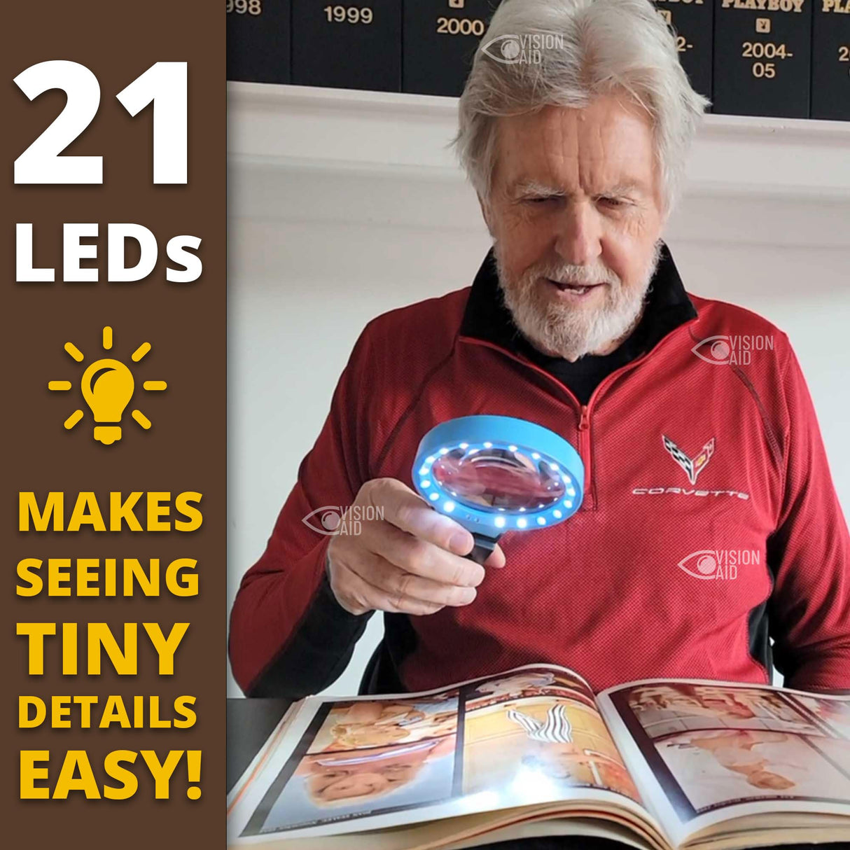 VISION AID 30X Hands-Free Magnifying Glass with 21 LED Lights for Coins Jewelry Crafts Hobby 40X Loupe Handheld or Desktop Stand Magnifier for Seniors Reading Watch Repair Soldering Close Work