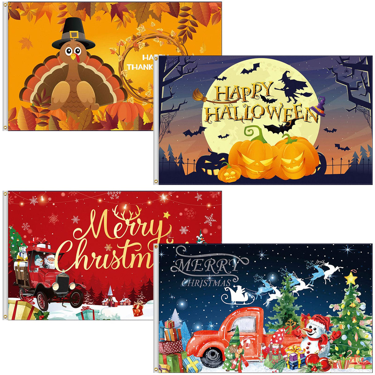 Shimeyao 4 Pcs Halloween Flags 3 x 5 Ft Outdoor Fall Holiday Large Flags Thanksgiving Turkey Pumpkin Merry Christmas Snowman Flag for Home Garden Festival Party Decoration(Bright Patterns)