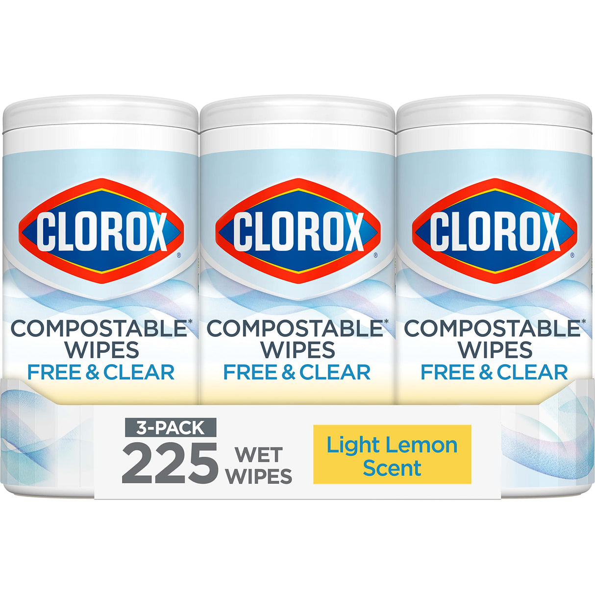 Clorox Free & Clear Compostable Cleaning Wipes, Light Lemon Scent, 75 Count, Pack of 3 (Pack May Vary)