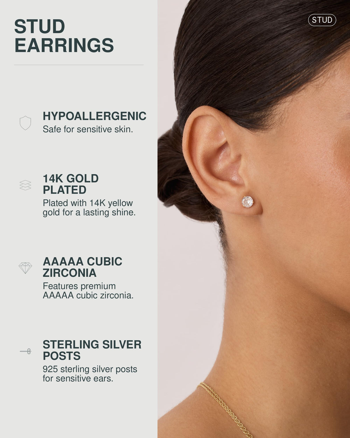 PAVOI Stud Earrings for Women, 925 Silver, Yellow Gold, Size 6 Millimeters
