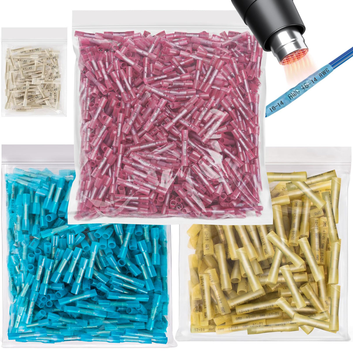 1500 PCS Heat Shrink Butt Connectors, 16-14 AWG 22-16 AWG 12-10 AWG 26-24 AWG Marine Grade Waterproof Electrical Insulated Crimp Wire Splice for Boats, Automotive, Marine, Home, Industrial Wiring