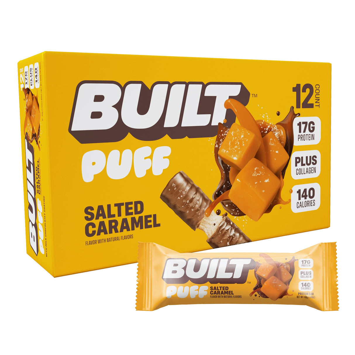 Built Bar, Puff Protein Bars, Salted Caramel Puff, 17g Protein Snacks, On-The-Go Bars, Only 140 Calories, 6g Sugar, Collagen, Gluten Free, 12 Count