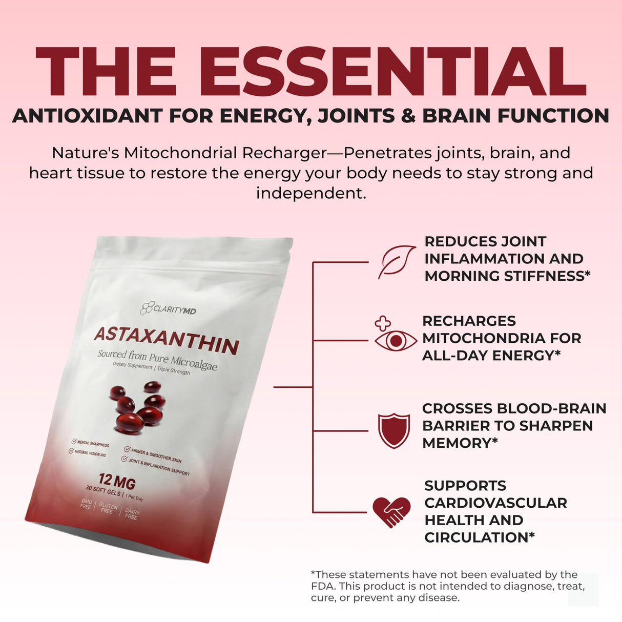 ClarityMD Astaxanthin 12mg Antioxidants Supplement – Natural Microalgae Source – Lipid-Based Softgel for Enhanced Absorption – Cognitive, Vision & Joint Support – 30 Softgels (Pack of 1)