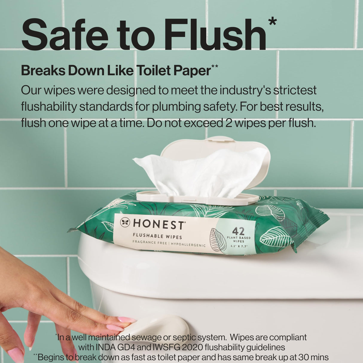 The Honest Company Flushable Wipes for Sensitive Skin | Fragrance Free, Hypoallergenic, 99% Water, Safe to Flush | pH Balanced Feminine Wipes | Tropical Leaves, 336 Count