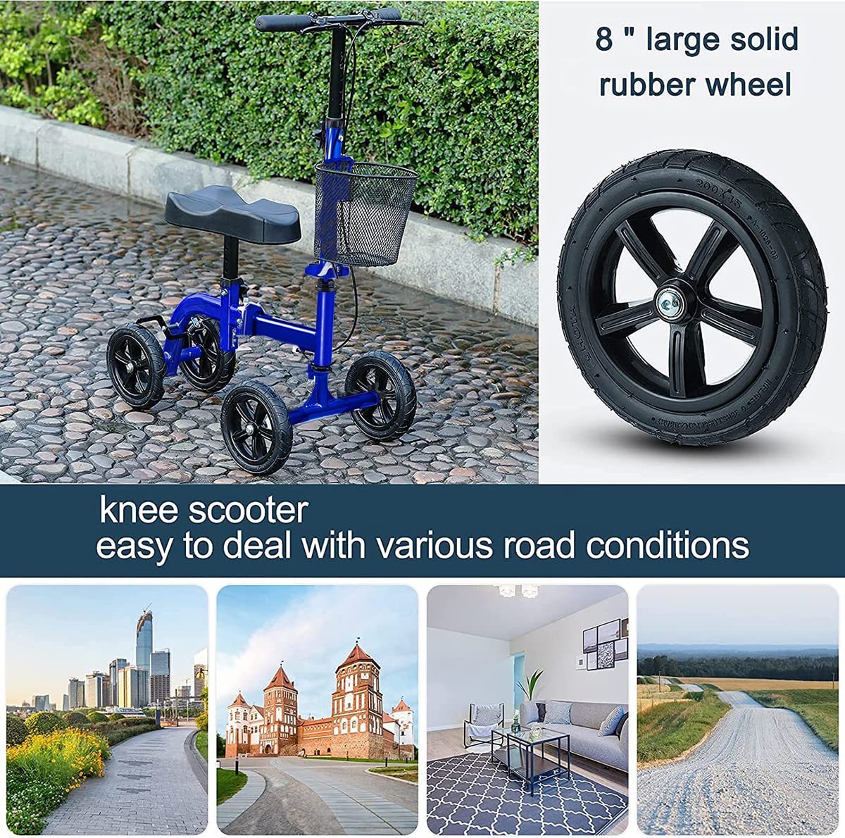 RINKMO Knee Scooter, Foldable Knee Walker Economical Leg Scooters for Foot Injuries Best Crutches Alternative (Blue)