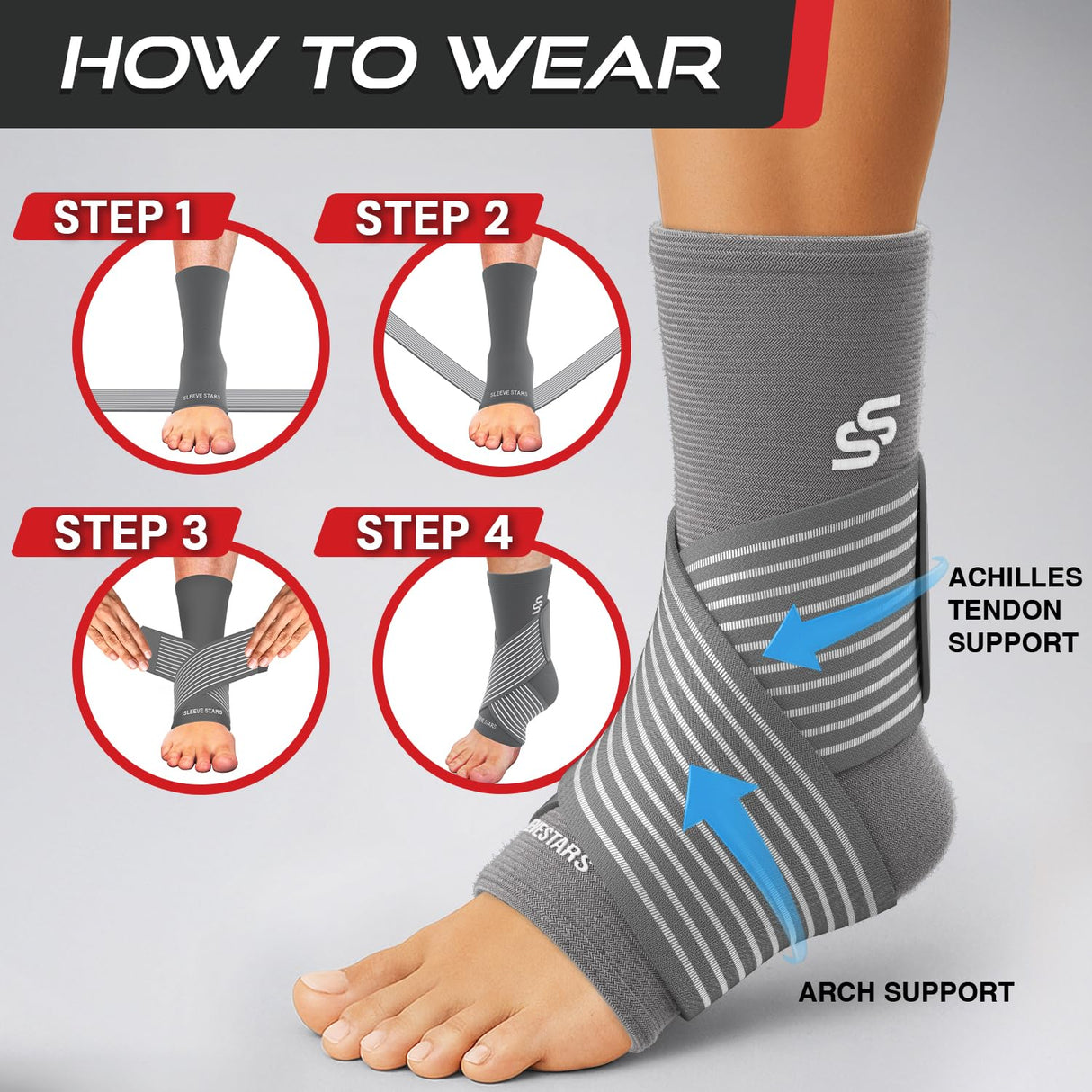 Sleeve Stars Ankle Brace for Women & Men, Ankle Wrap for Sprained Ankle, Compression Sleeve for Plantar Fasciitis Relief, Easy Customizable Support: w/Removable Strap (Single/S:9"-10"/Gray)