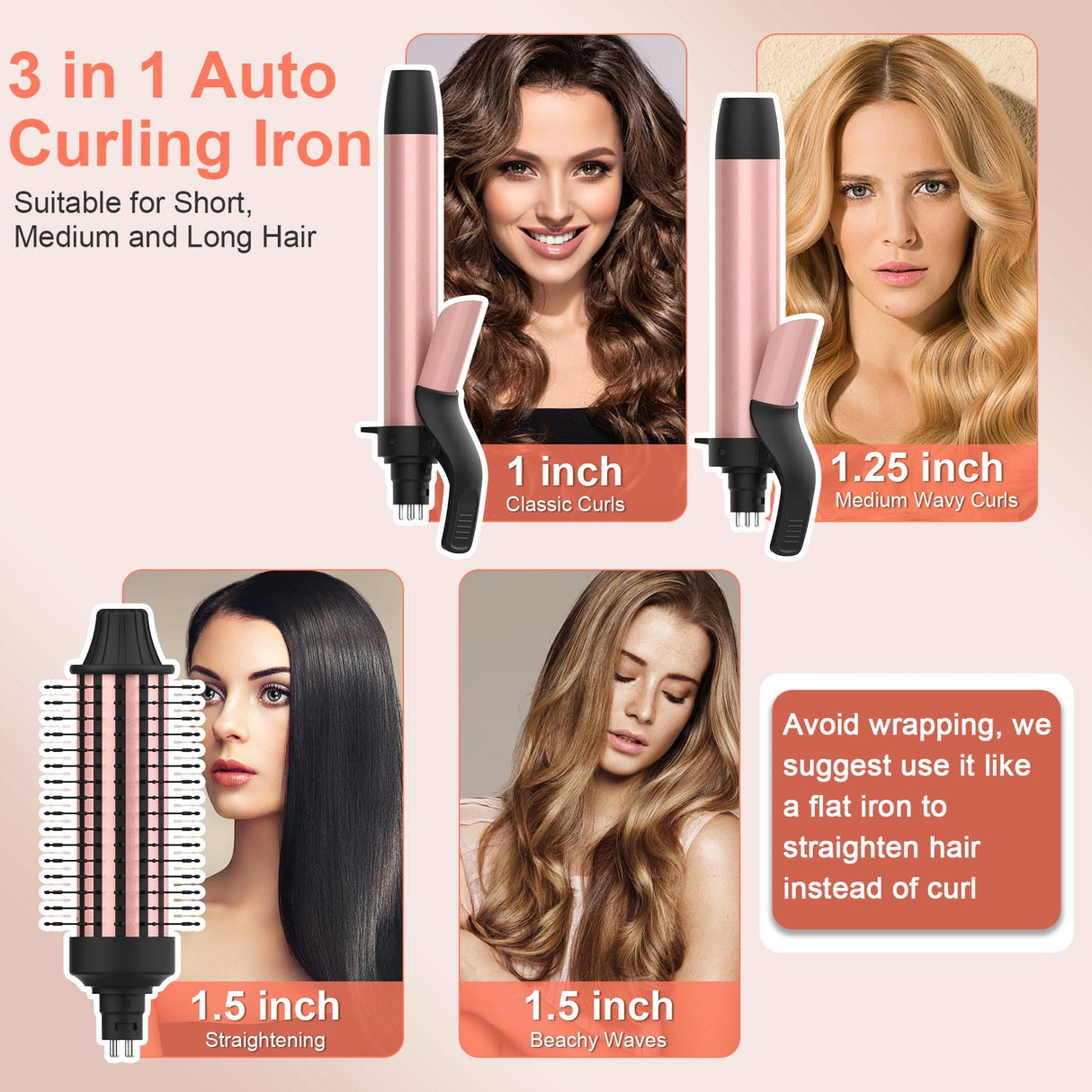 Automatic Rotating Curling Iron, 3 in 1 Thermal Brush Set 1-1 1/2 Inch, Auto Hair Curler with 3 Temps, 100 Million Ionic, Travel Dual Voltage Self Curling Wand for Beach Waves, Ceramic Coating