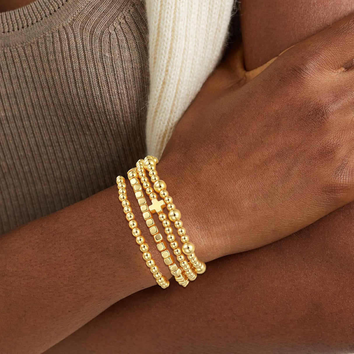 COLOYAN 10PCS Gold Beaded Stretch Bracelets for Women Stack
