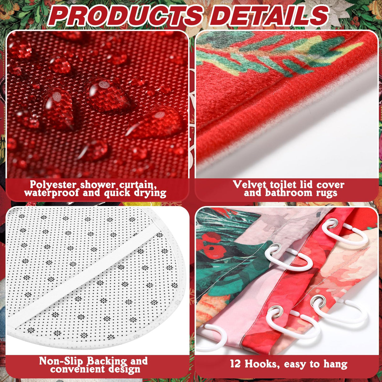 FuWeave 8 Pcs Christmas Shower Curtain Set Xmas Santa Bathroom Decoration Christmas Tree Hand Towels Snowman Toilet Lid Cover Bathroom Rugs Xmas Shower Curtain with Hooks(Snowman Style)