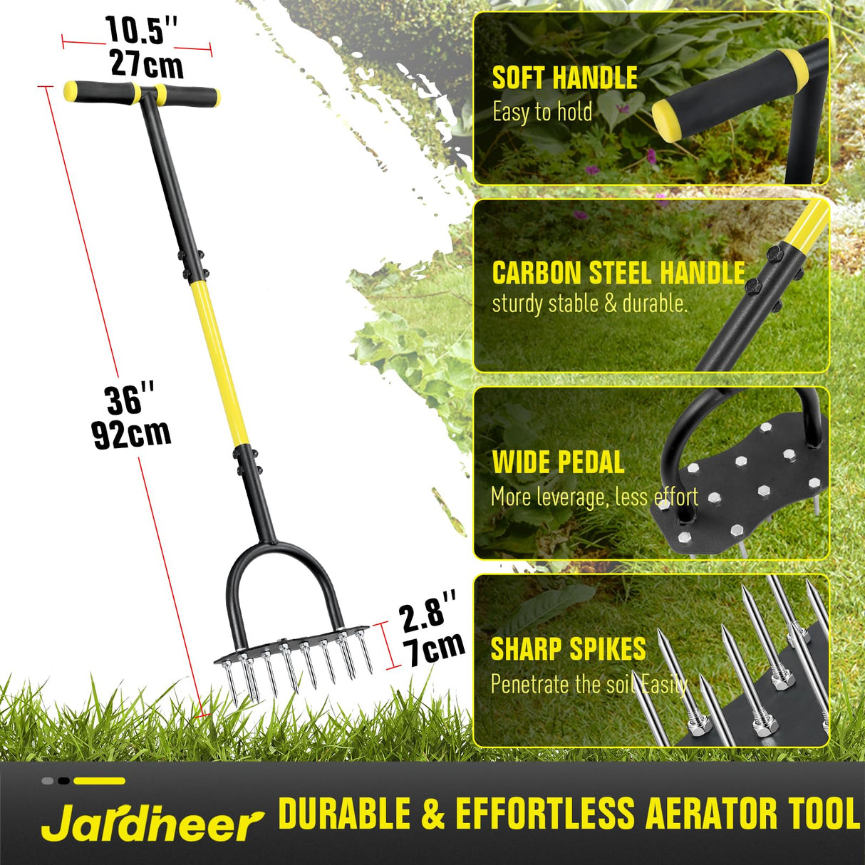 Jardineer Lawn Aerator Spike Tool, 36" Manual Yard Aeration Tool with 12 Thickened Steel Spikes, Pre-Assembled Grass Aerator for Soil Loosening & Yard Aeration in Lawn, Yard and Garden