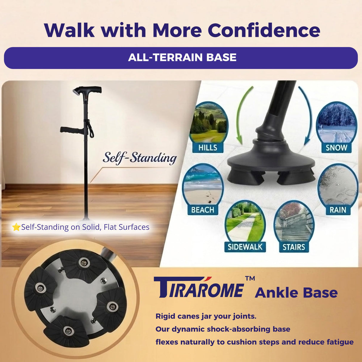 Walking Cane for Men & Women, 3-in-1 Folding Cane with Alarm and Light, Adjustable, Collapsible Walking Stick for Seniors and Adults Balance with a Second Handle