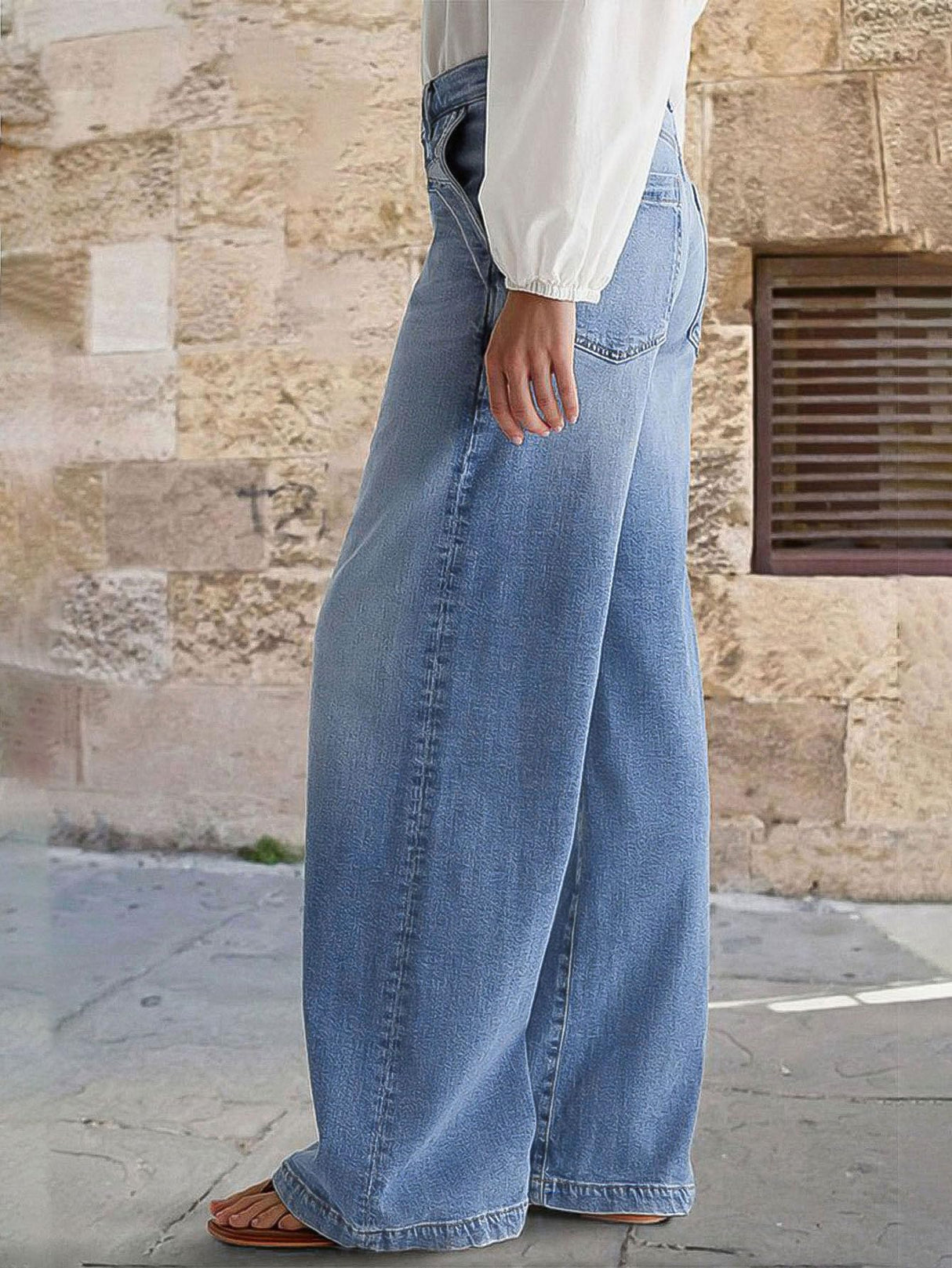 Flamingals Wide Leg Jeans for Women Mid Waist Baggy Stitch Decor Denim Washed Pants Without Belt Mid Blue M