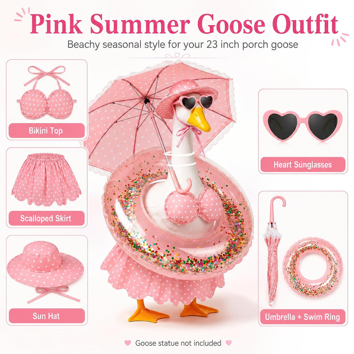 DaGailen Summer Porch Goose Outfits 23 Inch, Pink Polka Dot Porch Goose Bikini Set with Parasol Umbrella, Swim Ring, Sun Hat and Heart Sunglasses, Porch Goose Accessories for Yard Garden Patio Decor