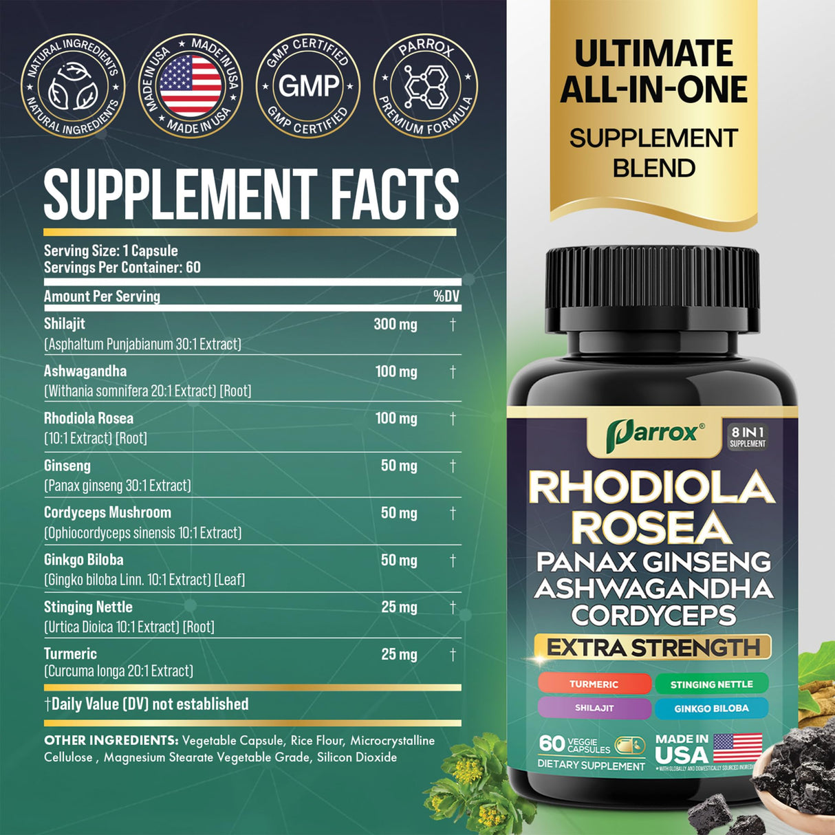 Parrox Rhodiola Rosea Panax Ginseng Ashwagandha Cordyceps Mushroom Turmeric Ginkgo Biloba Stinging Nettle Adaptogen Blend Supplement Capsules for Daily Wellness Support – 60 Capsules