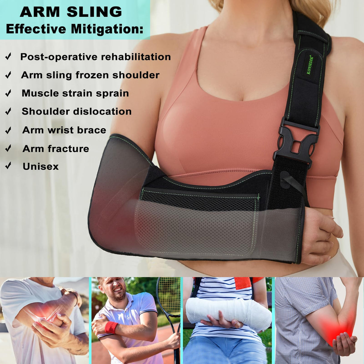KONSEDIK Arm Shoulder Sling for Men and Women,Porous comfort Medical Sling with Pocket Shoulder Pad for Rotator Cuff Injury,Support for Arm,Wrist, Elbow,Clavicle Fracture Post-Surgery(Black,Medium)