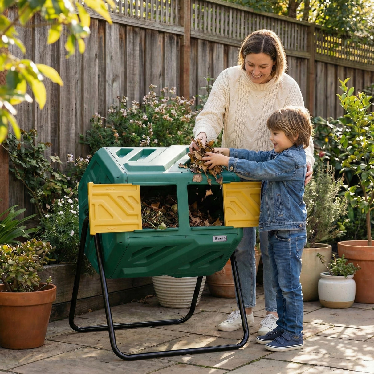 Werph 43 Gallon Compost Bin with Gloves, Fast Assembly & Easy Setup Outdoor Compost Tumbler, Updated Dual Chamber Tumbling Composter for Garden, Kitchen, and Yard Waste, Green