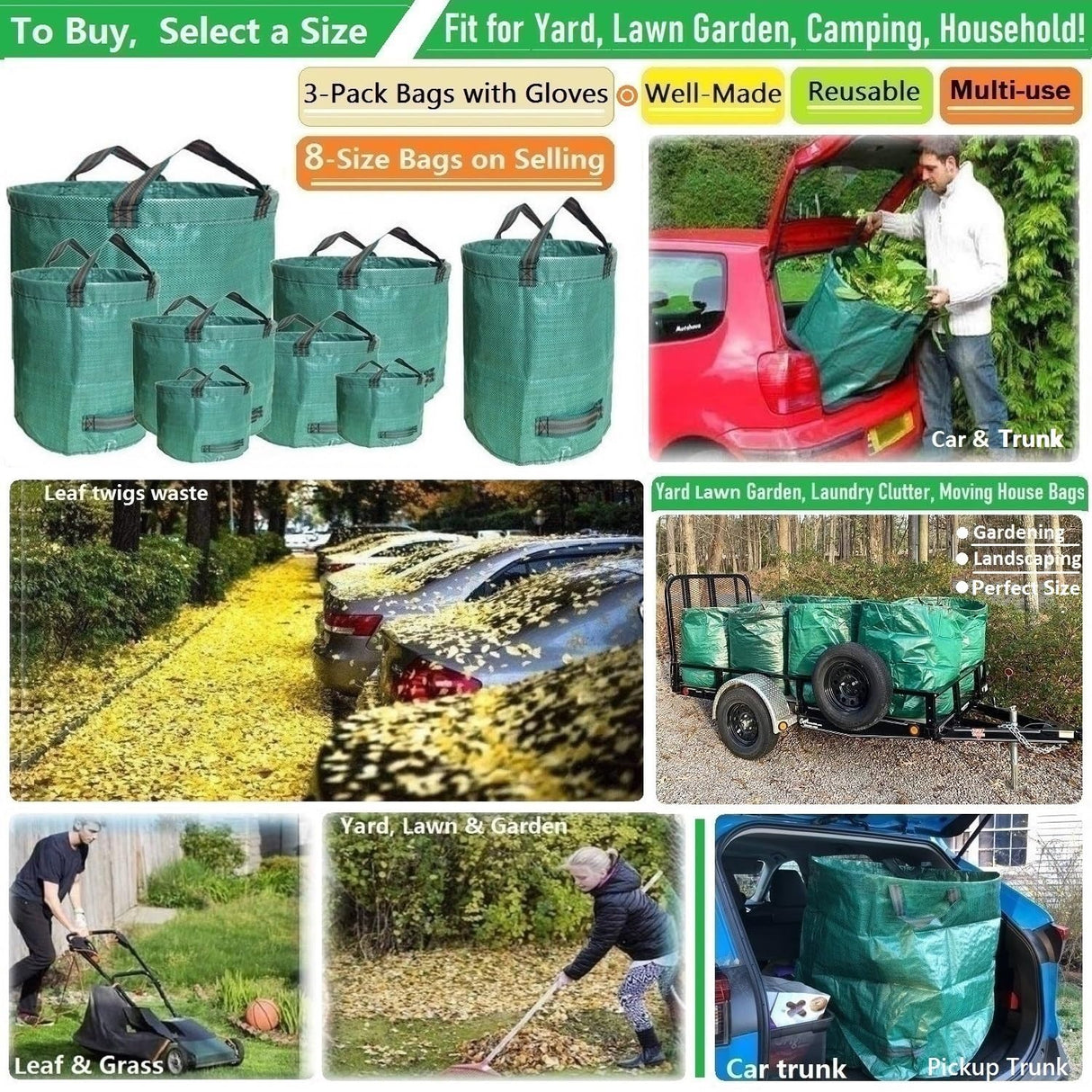 Standard 3-Pack 32 Gallon Lawn Garden Bags (D18,H30 inch) Yard Waste Bags with Gardening Gloves - Reusable Leaf Bags,Yard Debris,Trash Container,Plant Trimmings Bag,Grass Clippings,Weeds Bag 4 Handles