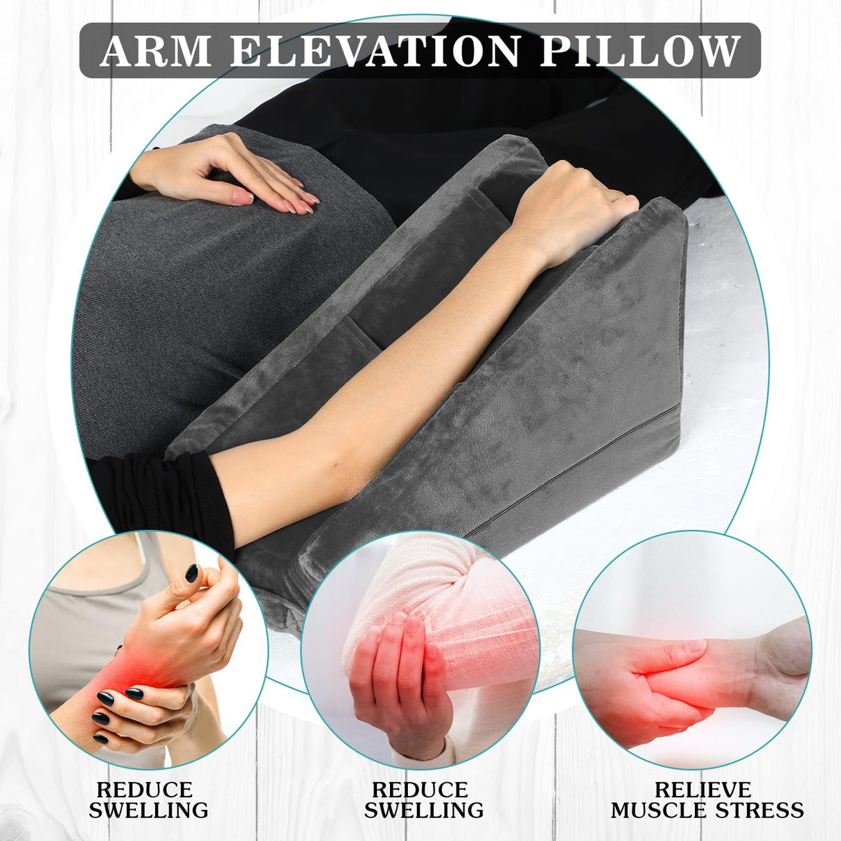 Buryeah Arm Elevation Pillow with 2 Pockets, Soft Ergonomic Support Pillow for Elbow Rest Wedge Broken Arm Gifts with High Density Foam for Recovery Sleeping(Dark Gray)