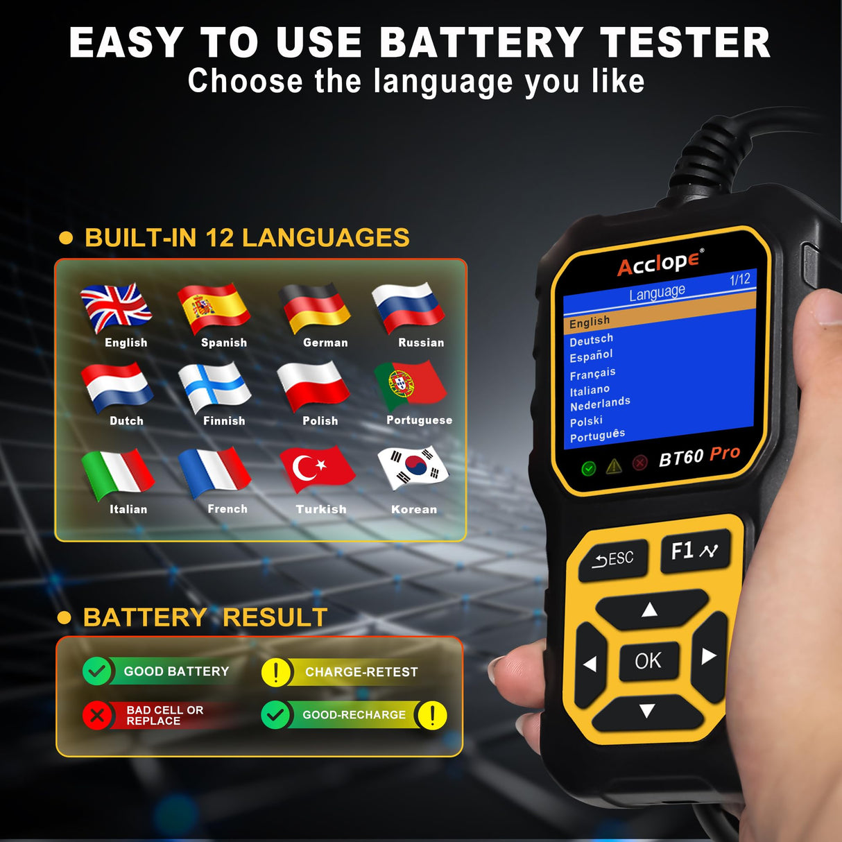 Acclope BT60 Pro Car Battery Tester, Digital Analyzer with Cloud Printing, 100-3000 CCA Range for 6V/12V/24V AGM, Lithium, Gel Batteries, Automotive Charging System