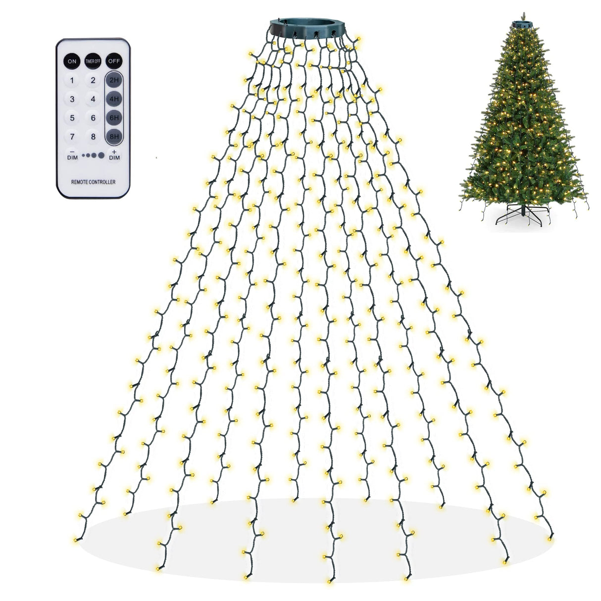 Dazzle Bright Christmas Tree Lights, 448 LED Waterfall Tree Topper Lights with Remote & 8 Lighting Modes, 8.2FT X 16 Lines Christmas Light for Indoor Outdoor Yard Party Xmas Decoration (Warm White)