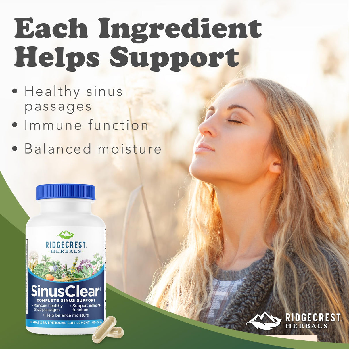 RidgeCrest Herbals SinusClear, Complete Formula for Sinus and Nasal Health with Mullein Leaf, Bromelain, Vitamin C, and Zinc, for Healthy Mucus, Immune & Respiratory Support, (60 Veg Caps, 30 Serv)