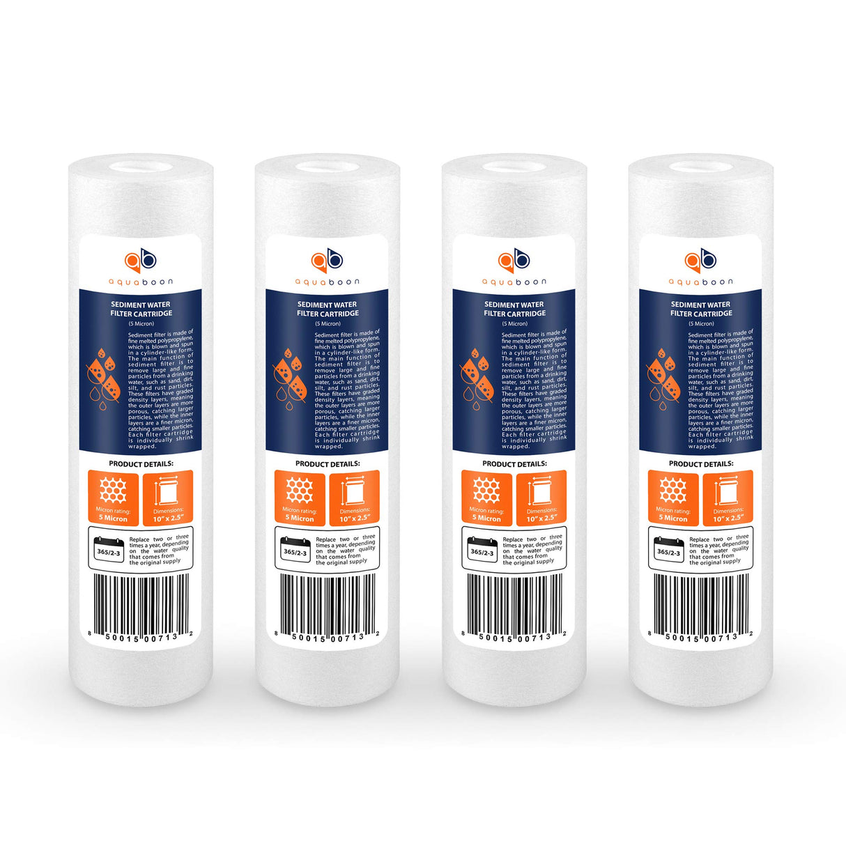 Aquaboon 5 Micron 10 x 2.5 Sediment Filter - Whole House Water Filter Replacement Compatible with Well Water Filters - P5, AP110, WHKF-GD05, 4 Pack