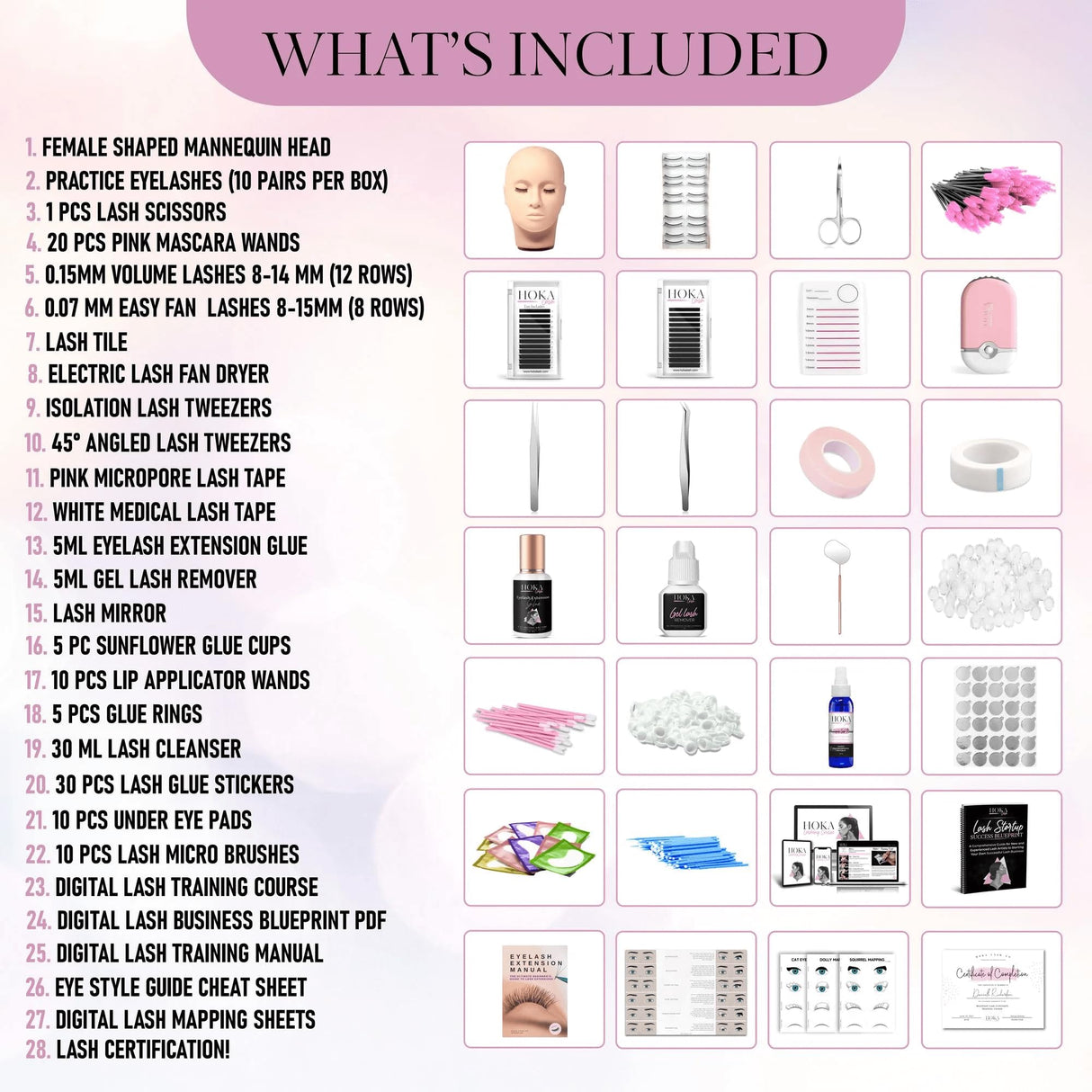 Hoka Lash Eyelash Extension Kit & Training Course and Certification, Professional Lash Extension Kit for Beginners Includes Practice Mannequin Head, Lash Trays, Glue, Tweezers, Fan & More