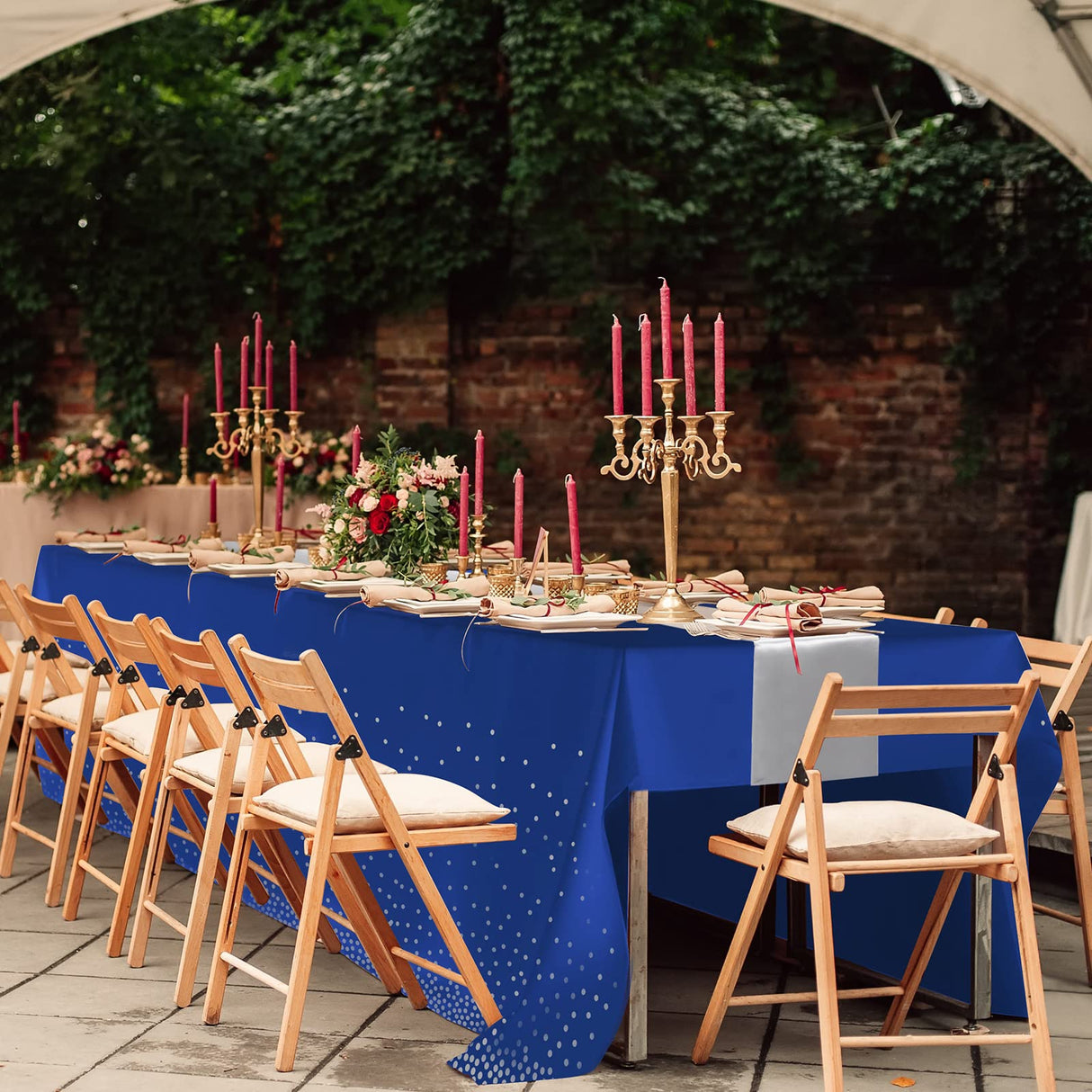 16Pack Disposable Plastic Tablecloths and Satin Table Runner Set Blue and Silver Dot Tablecloth Silver Satin Table Runner for Wedding Birthday Baby Shower Anniversary Christmas New Year Party Supplies