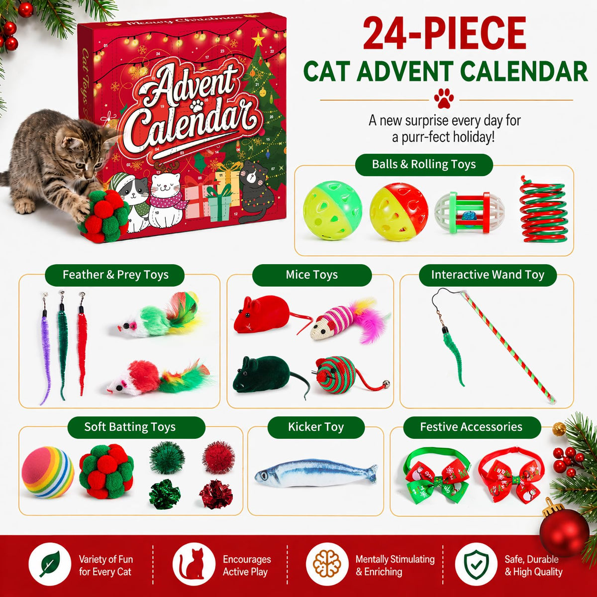 Cat Advent Calendar 2026, 24 Days Assorted Interactive Toys for Indoor Cats