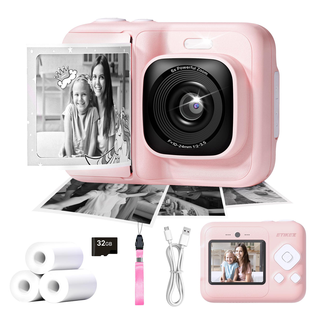 ETIKEZ Kids Camera, 1080P Instant Digital Print Camera for Kids, Christmas Birthday Gifts for 4 5 6 7 8 9 10 Year Old Girls Boys, Portable Toy with 32GB SD Card & 3 Rolls Printing Paper, Pink