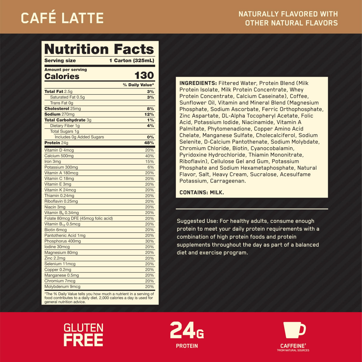 Optimum Nutrition Gold Standard Protein Shake, 24g Protein, Ready to Drink Protein Shakes, Gluten Free, Cafe Latte, 11 Fl Oz (Pack of 12)