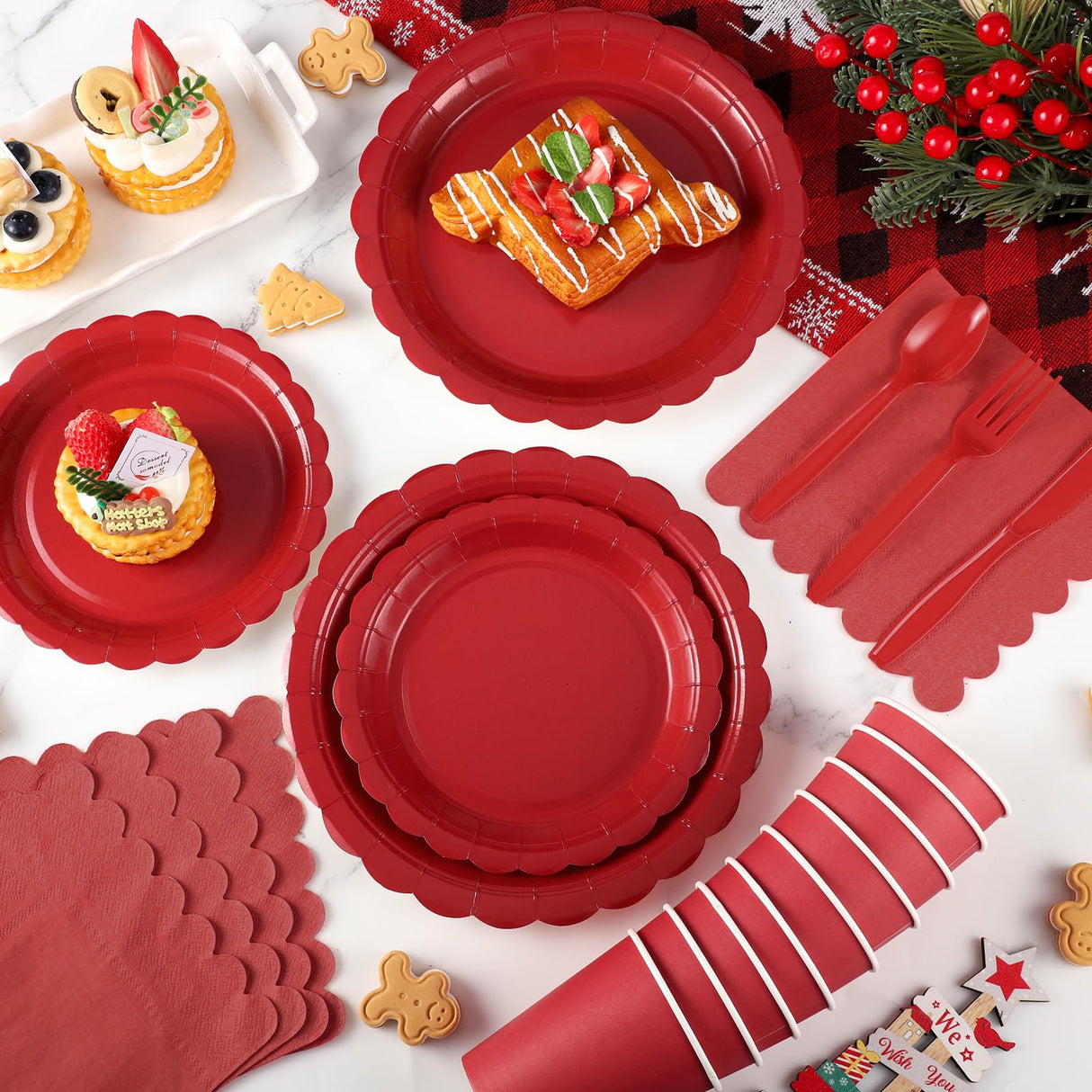 Xiangqu 175 Pcs Red Plates and Napkins, 25 Guest Red Party Supplies Include Christmas Plates and Napkins Cups Plastic Spoons Forks Knives for Birthday, Christmas, Picnic