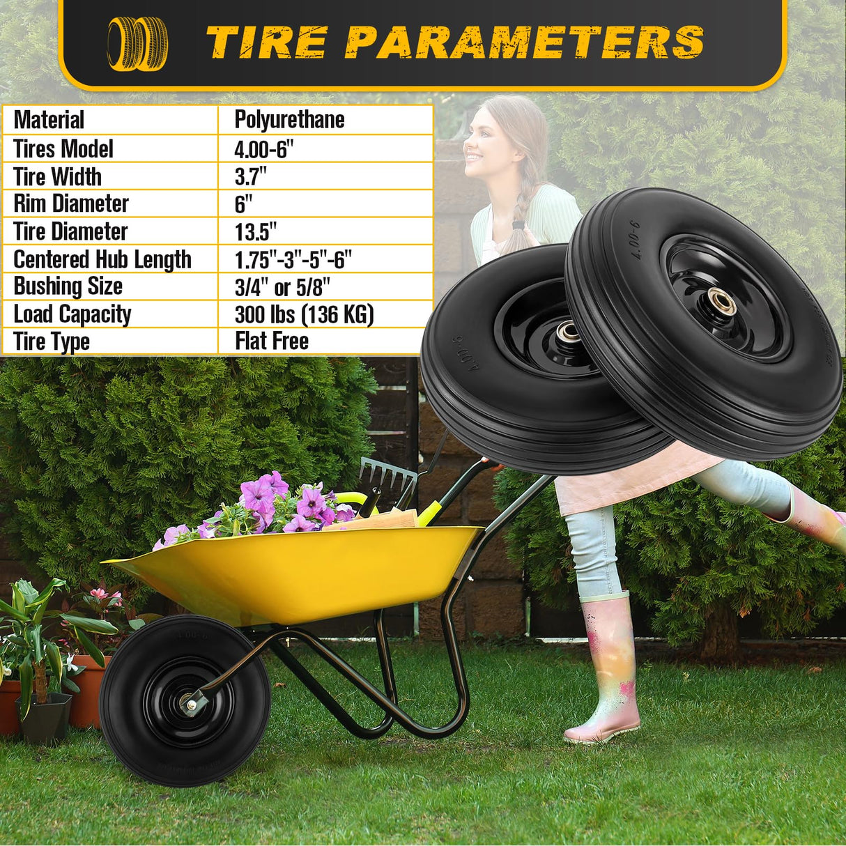 4.00-6 Flat-free Tire and Wheel, 13" Wheelbarrow Wheels and Tires with 5/8" or 3/4" Bearings 4.00-6 Solid Tires Replacement for Wheelbarrow, Gorilla Cart, Hand Trucks, Garden Carts(2 PCS)