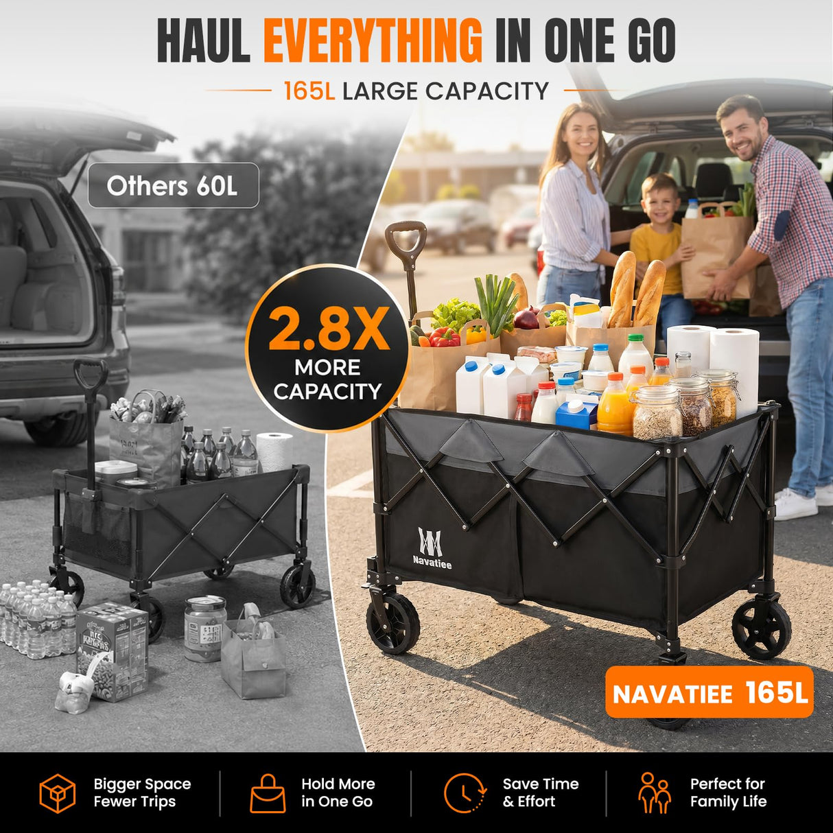 Navatiee 165L Collapsible Folding Wagon, Large Foldable Wagon with Silent All-Terrain Wheels, 330Lbs Heavy Duty Utility Grocery Cart for Camping Shopping Outdoor, Black