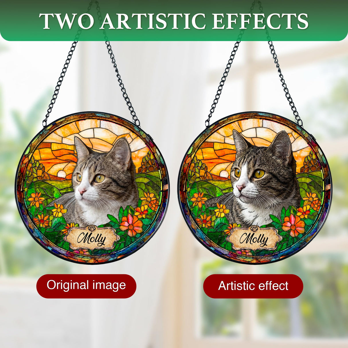 Personalized Pet Stained Glass Suncatcher, Dog Cat Memorial Window Hanging, Sympathy Bereavement Potrait Photo Gift for Loss of Pet, Remembrance Gift for Cat Dog Lovers
