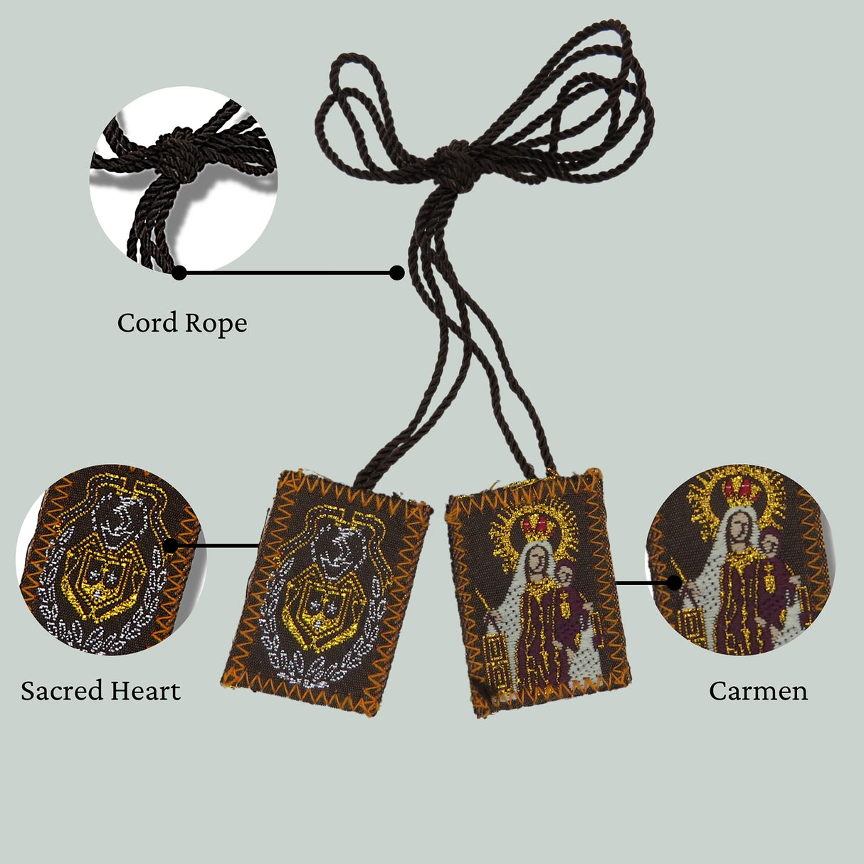 Needzo Bulk Carmen and Sacred Heart Scapulars Catholic, Embroidered Brown Scapular for Women, 12 Pack