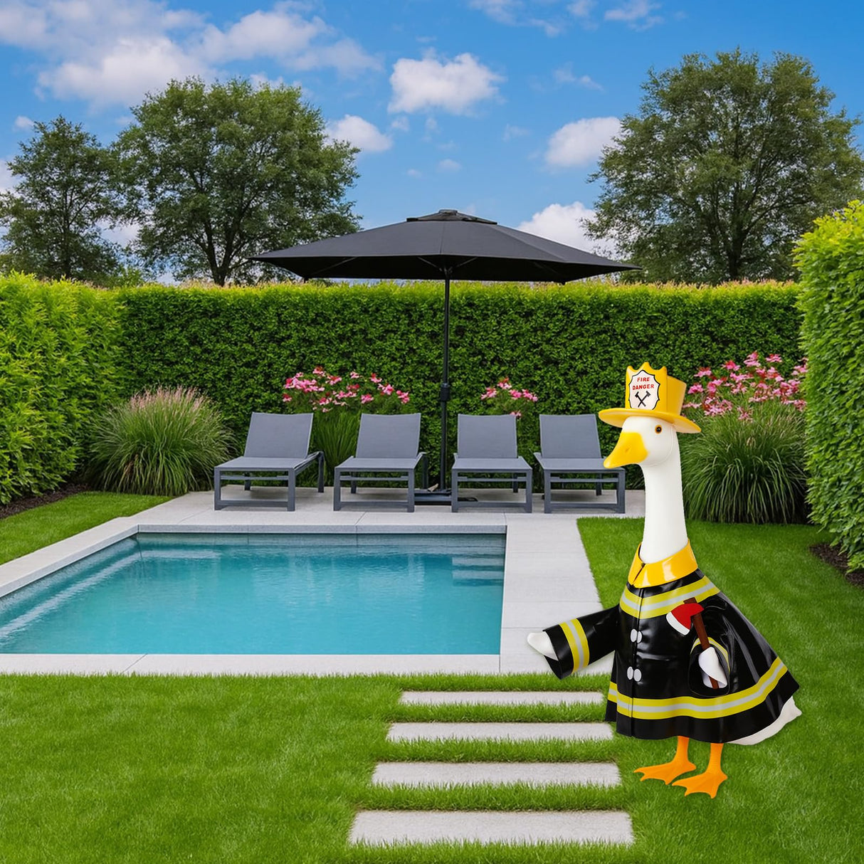 Vzuito Halloween Porch Goose Outfits, Firefighter Goose Costume Yard Geese Statue Clothes for 23" Statue Patio Lawn Garden Decoration